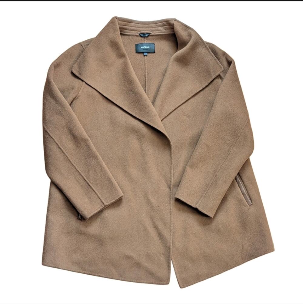 Mackage Azara Camel 100% Wool Leather Collar Designer Wrap Coat XL FLAW